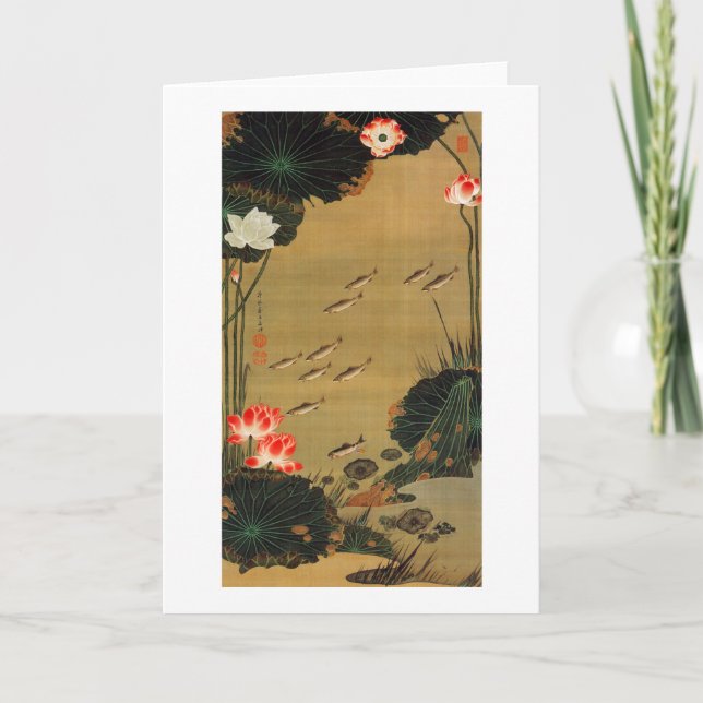 Cartão 17. 蓮池遊魚図, lagoa com Lotus, Jakuchū do 若冲 (Frente)