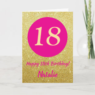 Cartão 18º aniversário feliz rosa quente e Dourado brilho