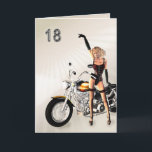 Cartão 18º aniversário, moto e moça<br><div class="desc">18 anos com uma moto. Uma garota ao lado de uma moto apontando para a mensagem de aniversário feliz. A garota está vestindo saltos e um basco. Ela é alta.fina e loira. Um cartão de excelente para o homem que ama suas bicicletas!</div>