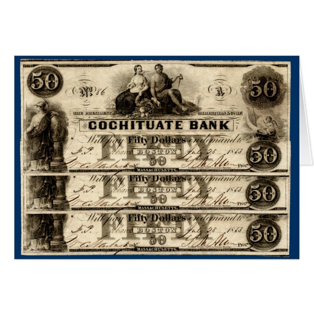 Cartão 1853 Cochituado Nota de 50 Dólares (Frente Horizontal)