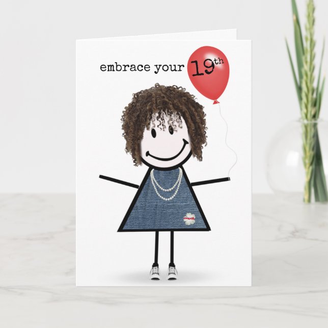 Cartão 19ª Rapariga de aniversário com Balão Vermelho (Frente)