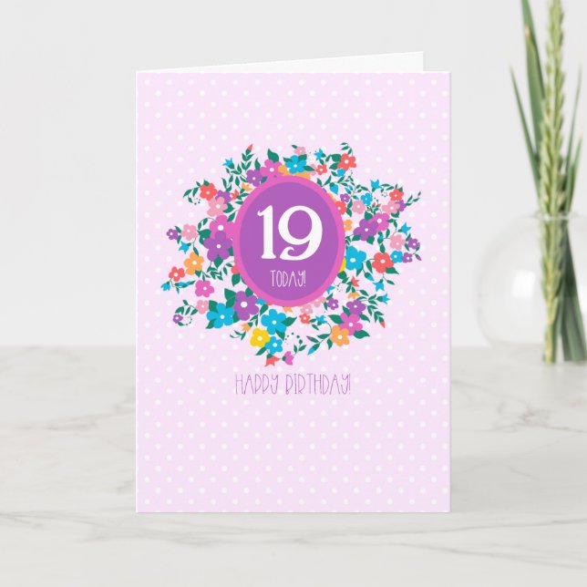 Cartão 19º Aniversário com Flores e Bolinhas (Frente)