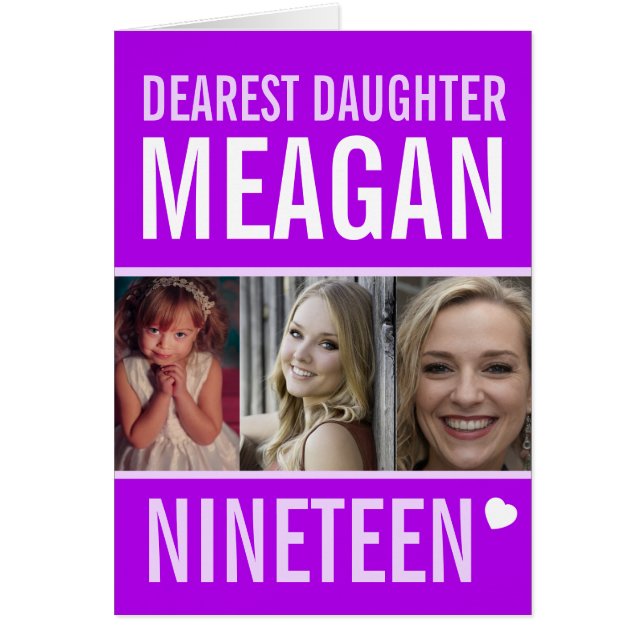 Cartão 19º aniversário três fotos Filha roxa (Frente)