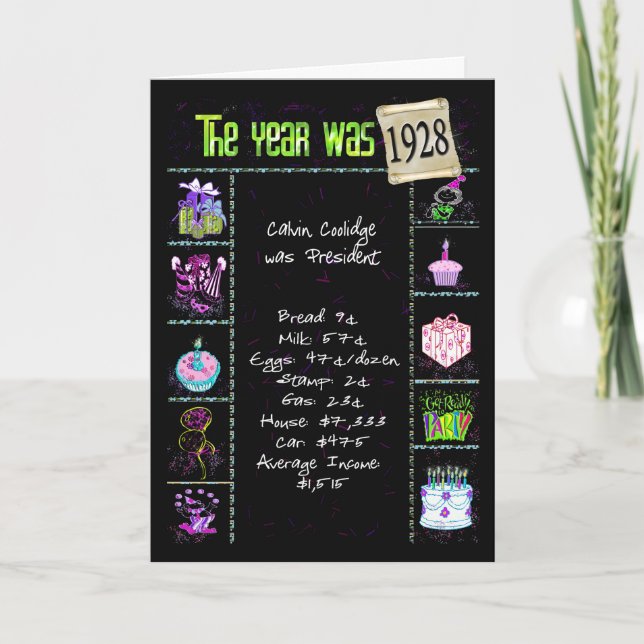 Cartão 1928 Birthday Year with Fun Trivia Facts (Frente)