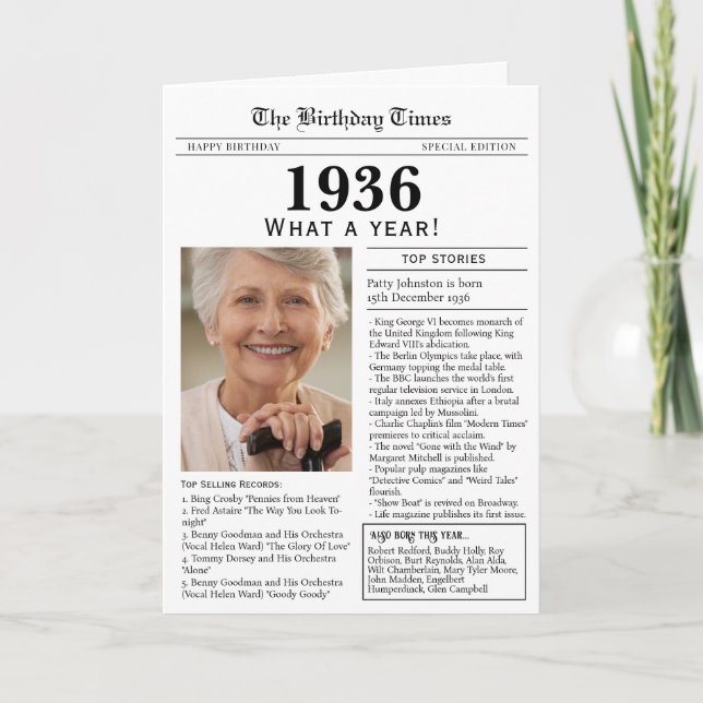 Cartão 1936 Newspaper Birthday card 90th birthday (Frente)