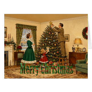 Cartão 1950 Família Decorando a Árvore de Natal Feliz Nat