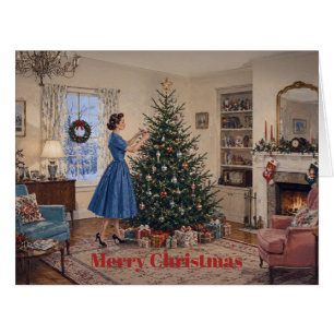 Cartão 1950 Senhora Decorando Árvore de Natal Feliz Natal