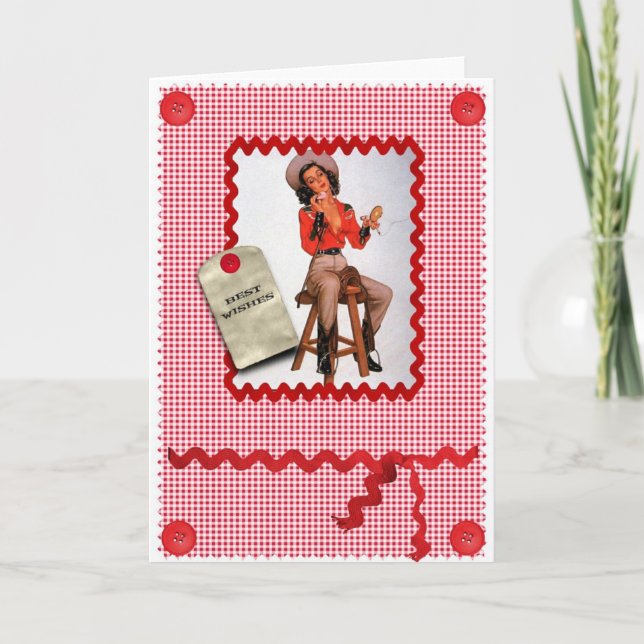 Cartão 1950s cowgirl pin up greetings card (Frente)