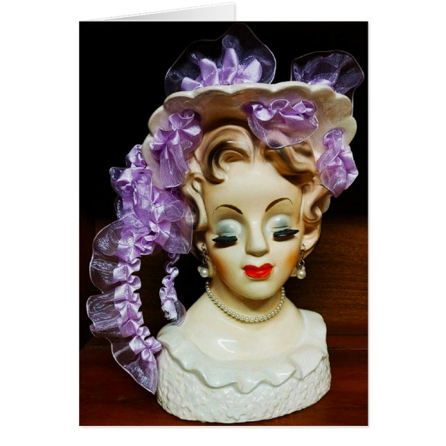 Cartão 1950s MCM Beauty Hat Purple Ribbons Lady Head Vase (Frente)