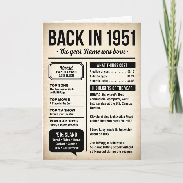 Cartão 1951 Back in the Day, Fun Facts, 75th Birthday (Frente)