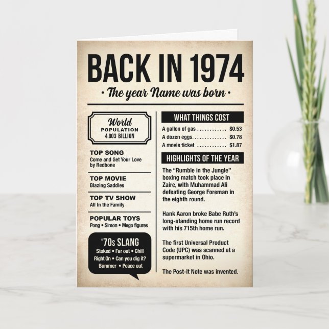 Cartão 1974 Back in the Day, Fun Facts Birthday Card (Frente)