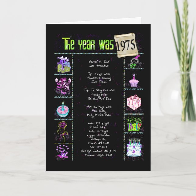 Cartão 1975 fatos de divertimento do aniversário (Frente)