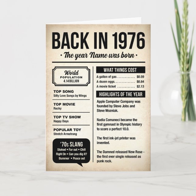 Cartão 1976 Back in the Day, Fun Facts Birthday Card (Frente)