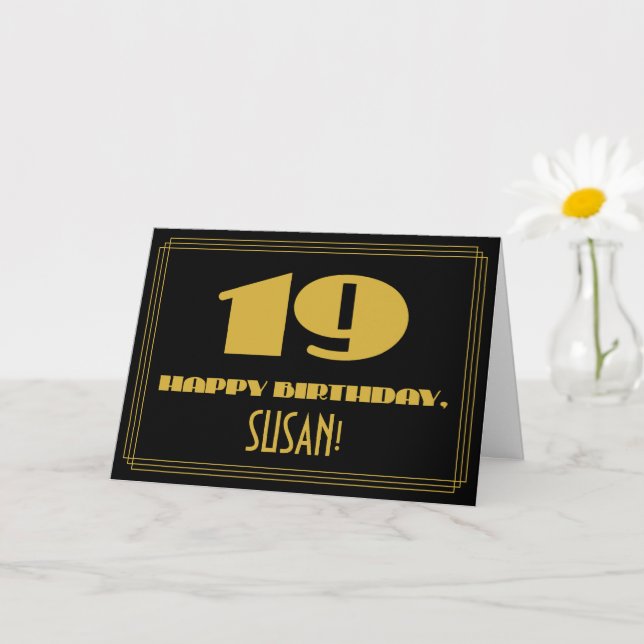 Cartão 19.º Aniversário: Nome + Art Deco Inspiraram "19" (Planta pequena)
