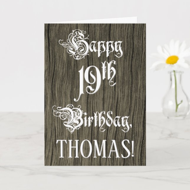 Cartão 19th Birthday: Fancy, Elegant Text; Faux Wood Look (Planta pequena)