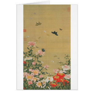Cartão 1. 芍薬群蝶図, flor do 若冲 e borboleta, Ja