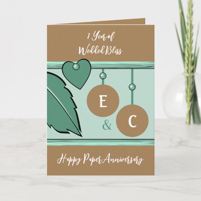 Cartão 1 ano em papel iniciais de aniversário em verde-ca (Frente)