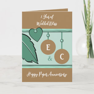 Cartão 1 ano em papel iniciais de aniversário em verde-ca