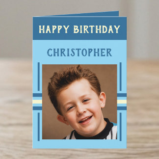 Cartão 1 foto nome personalizado azul aniversário