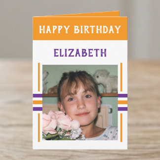 Cartão 1 foto nome personalizado laranja aniversário