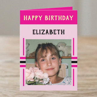 Cartão 1 foto nome personalizado rosa aniversário