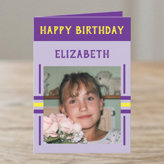 Cartão 1 foto nome personalizado roxo aniversário