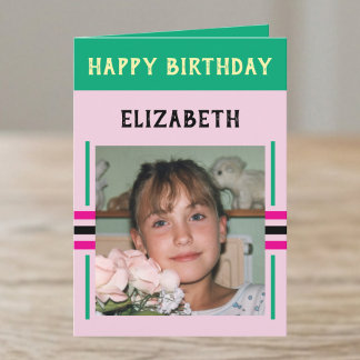 Cartão 1 foto nome personalizado verde aniversário