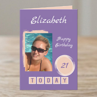 Cartão 1 nome da foto pêssego roxo aniversário de 21 anos