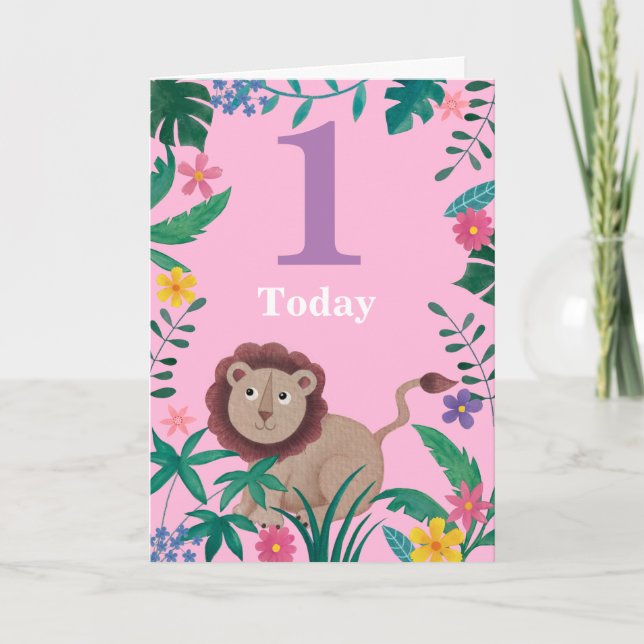 Cartão 1sr Birthday  floral Little Jungle Lion (Frente)