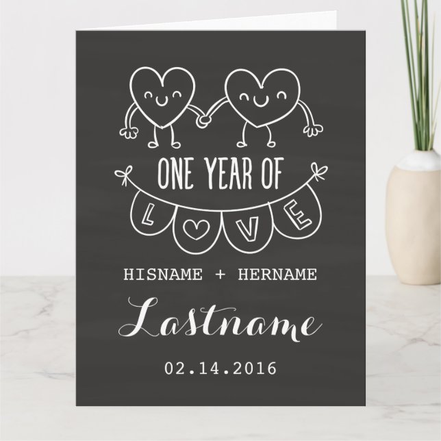 Cartão 1st Anniversary Gift Chalk Hearts Greeting Card (Frente)