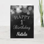 Cartão 1st Birthday  Black and Silver Glitter Cardt<br><div class="desc">1st Birthday Black and Silver Glitter Card with personalized name. For further customization,  please click the "Customize it" button and use our design tool to modify this template.</div>