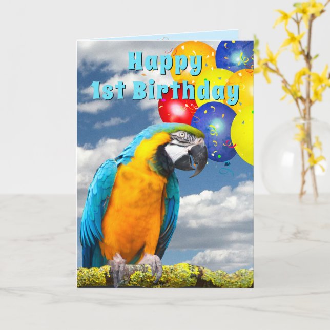 Cartão 1st Birthday Parrot Colorful Balloons Card (Flor Amarela)