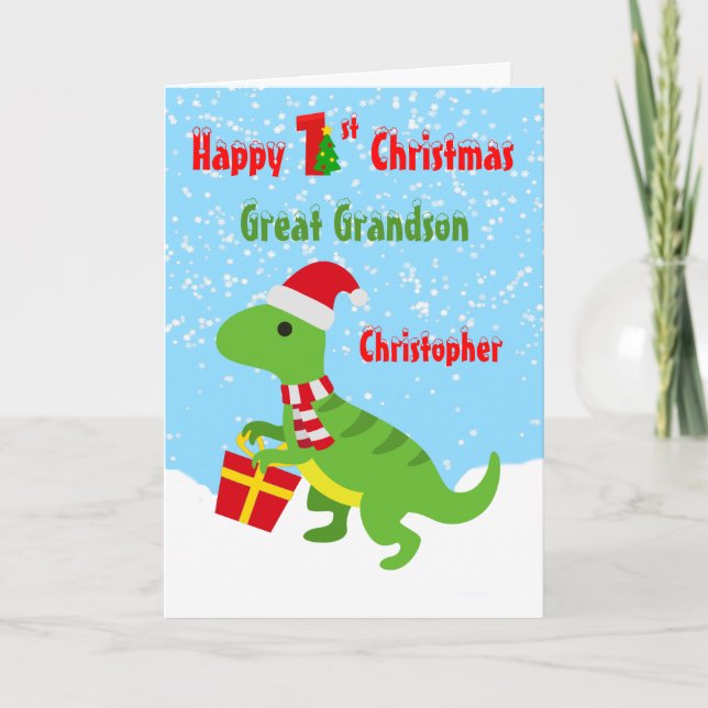Cartão 1st Christmas Great Grandson  Dinosaur T Rex (Frente)