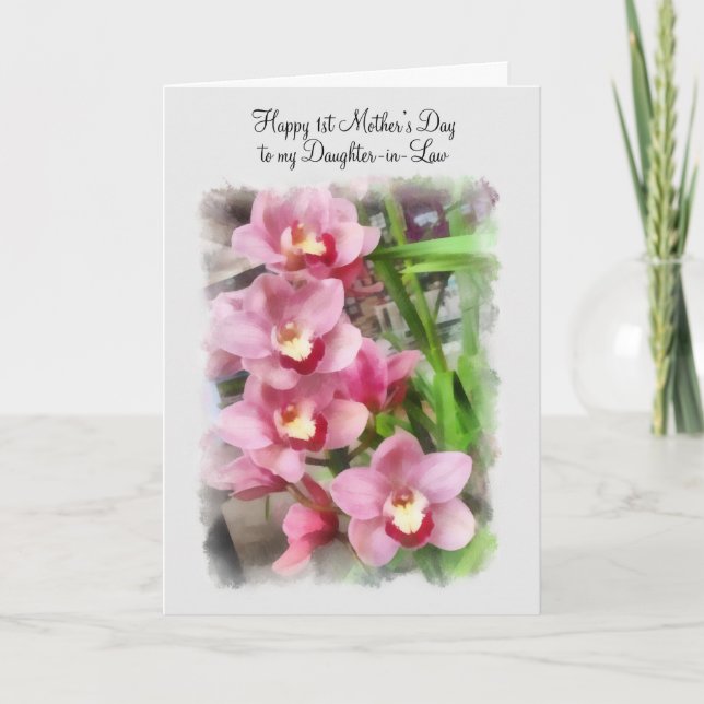 Cartão 1st Mother's Day to daughter-in-law pink orchids (Frente)
