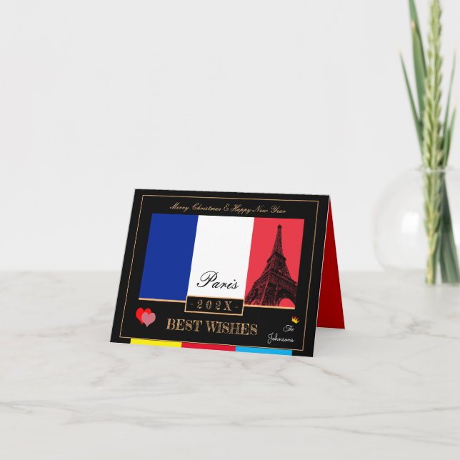 Cartão 2023 Bandeira Francesa & Eiffel Feliz Ano Novo, Fr (Frente)