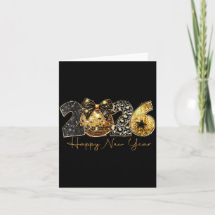 Cartão 2026 Feliz Ano Novo Dourado Disco Leopardo Laço Co