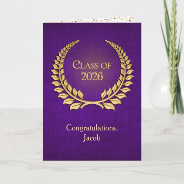 Cartão 2026 Gold Graduation Laurel Wreath On Purple (Frente)
