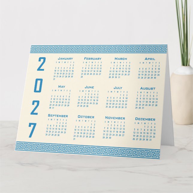 Cartão 2027 Calendar, Greek Fret, Blue on Cosmic Latte (Frente)