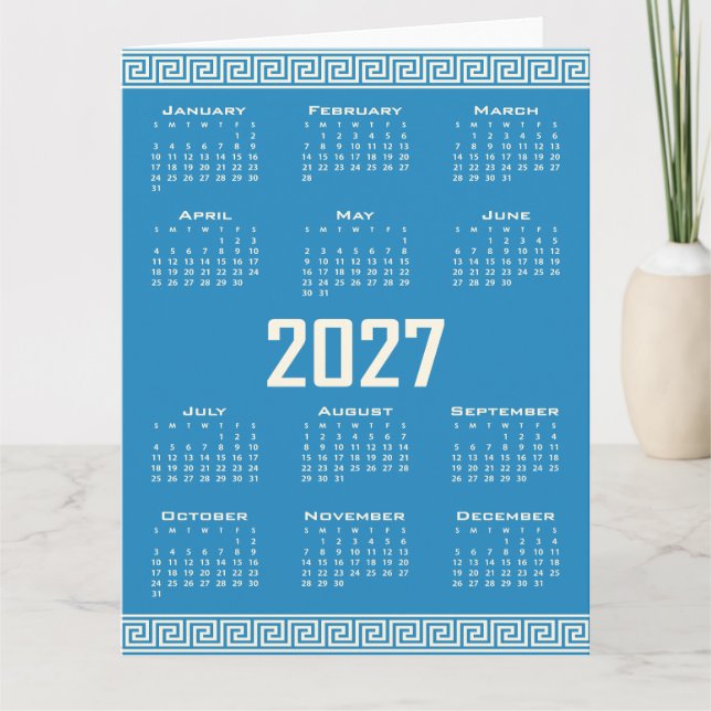 Cartão 2027 Calendar, Greek Fret, Cosmic Latte on Blue (Frente)