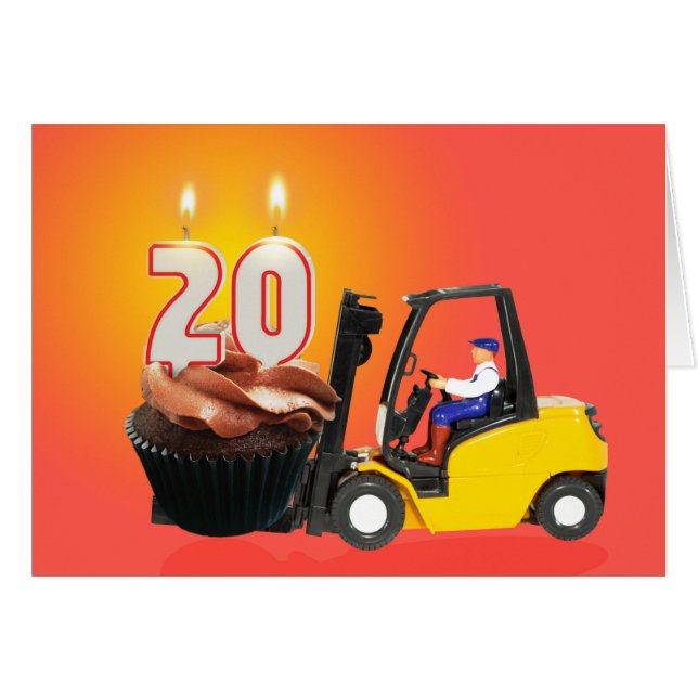 Cartão 20 Aniversário com Cupcake, velas e empilhadeira (Frente Horizontal)