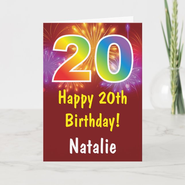 Cartão 20 Birthday - Arco-Íris Colorido Vermelho (Frente)