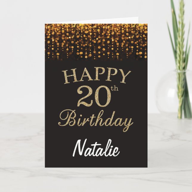 Cartão 20 Birthday Black and Dourado Glitter Card (Frente)