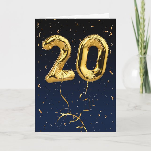 Cartão 20 Birthday Dourado Mylar Balloon e Confetti Card (Frente)