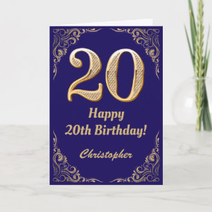 Cartão 20 Birthday Marinho Azul e Dourado Quadro Glitter