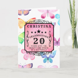 Cartão 20 Birthday Pink Watercolor Butterfly Saudação