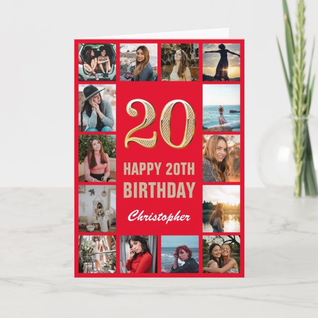 Cartão 20 Happy Birthday Red and Dourado Photo Collage (Frente)
