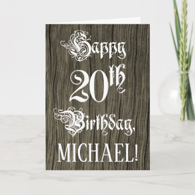 Cartão 20th Birthday: Fancy, Elegant Text; Faux Wood Look (Frente)