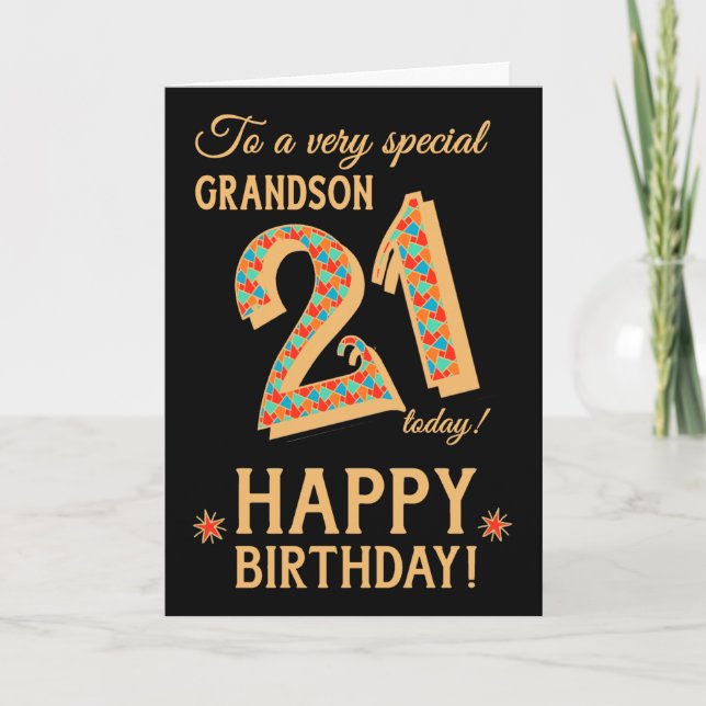 Cartão 21st Birthday, for Grandson, Gold Effect on Black (Frente)