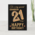 Cartão 21st Birthday, for Grandson, Gold Effect on Black<br><div class="desc">A chic 21st Birthday Card for a very special Grandson, with the number, 21, in a bright mosaic pattern with a gold-effect outline and all the text in gold-effect lettering (ie not metallic paint). A bright red and gold-effect star is beside the 'Happy Birthday' on this striking digital design by...</div>