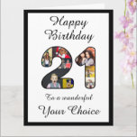 Cartão 21st Birthday Happy 21 Custom Photo Text Template<br><div class="desc">The front of this classical themed 21st birthday greeting card design features the number "21" filled in with 9 of your photos. The message "Happy Birthday, " sits at the top with the two lower sets of text available for you to personalized. Make this a unique custom card for your...</div>